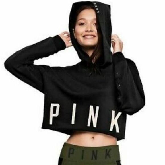 PINK Victoria's Secret Tops - PINK by VS Crop Top Lace Up Sleeve Hoodie - Black